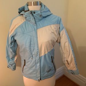 Girls Obermeyer ski coat. Blue and white. Size 10